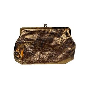 VTG Celebrity New York Gold Metallic Clutch Purse Kiss Lock Evening Bag Retro